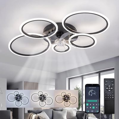 5 Ringen Plafondventilator - Zwart - 6 Snelheden - Dimbaar Met Afstandsbediening en APP - Moderne Cirkel Ventilator Licht