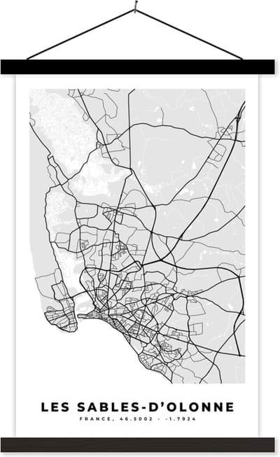 Posterhanger incl. Poster 40x60 cm - Schoolplaat - Kaart – Stadskaart – Les Sables-d'Olonne - Plattegrond – Frankrijk - Textielposter - Zwarte latten - Stadskaart