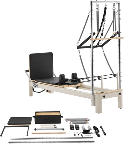 Pilates Reformer-apparaat voor thuisgebruik en gebruik in sportscholen, fitnessapparaat met instelbare weerstand, inclusief Reformer Box en Jump Board, geschikt voor beginners en ervaren gebruikers, geschikt voor maximaal 180 kg