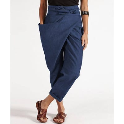 Dames Zomerbroek Irreguliere Zakken Streetwear Effen Kleur Hoge Taille Trendy Rechte Wijde Pijpen Cropped Broek voor Dating XL marineblauwe kleur