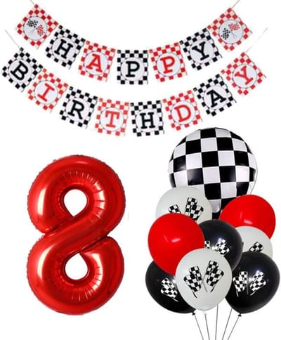 Snoes Racecijferballon 8 Plus Pakket - Verjaardag Ballonnen Race Thema - Rood, Wit & Zwart