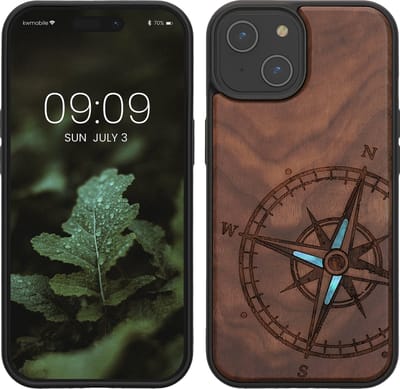 kwmobile telefoonhoesje geschikt voor iPhone 15 - Hoesje met bumper - hout - In donkerbruin Parelmoer kompas design