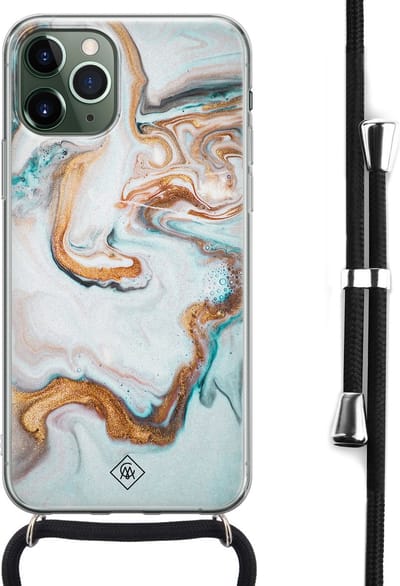 Casimoda® hoesje met koord - Geschikt voor iPhone 11 Pro - Marmer Blauw Goud - Afneembaar koord - Siliconen/TPU - Blauw