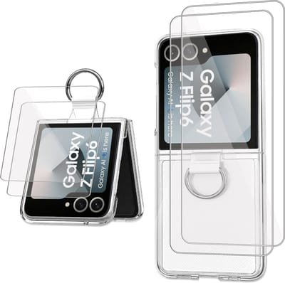 Hoesje + 2x Screenprotector geschikt voor Samsung Galaxy Z Flip 6 / Flip 7 FE – Folie - Extreme Shock Case – Ring Houder