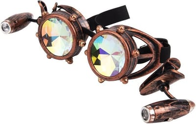 KIMU® Goggles Steampunk Bril Met Studs En Led Lampjes - Koper Montuur - Caleidoscoop Glazen - Spacebril Space Caleidoscope Holografisch Festival