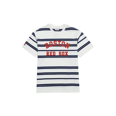 T-shirt décontracté unisexe à manches courtes et épaules tombantes, rayé, col rond, style collegiate MLB Boston Red Sox, imprimé, couleur Ivoire 3ATSV0433-43IVS XXL white