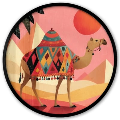 Poster in lijst Rond - Fotolijst 40x40 cm - Posters - Kameel - Pyramides - Rode zon - Ronde posterlijst zwart - Decoratie - Wanddecoratie woonkamer - Muurdecoratie slaapkamer