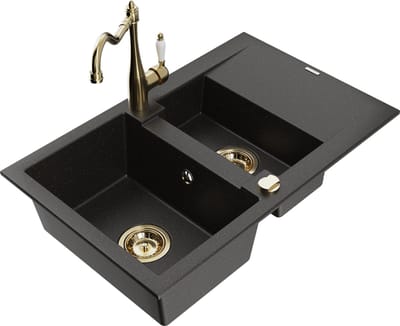Mexen Gaspar granieten gootsteen 1,5-kamer met afdruiprek en keukenmengkraan Carla, zwart/goud metallic - 6507-75-670700-50