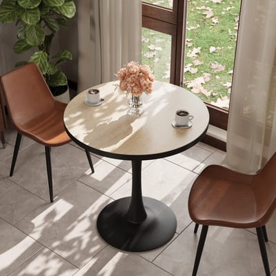 FATIVO Ronde Eettafel - 76.5 x 76.5 x 80 cm - Keukentafel Voor 2-3 Personen - Marmerlook - travertijn & zwart