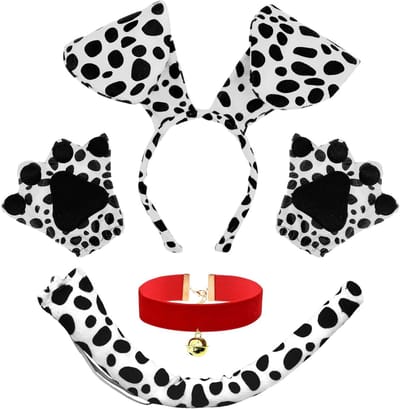 Dalmatian Kostuum met Hondenoortjes, Hondentail en Ketting voor Halloween, Carnaval en Cosplay Feest voor Volwassenen en Kinderen