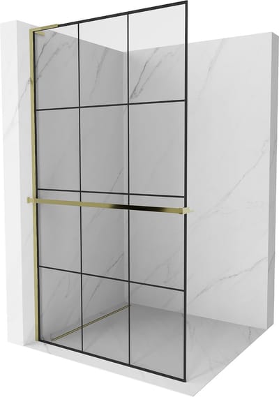 Mexen Kioto+ L douchewand met plank Walk-in 100 x 200 , zwart rooster, goud - 800-100-123-50-77
