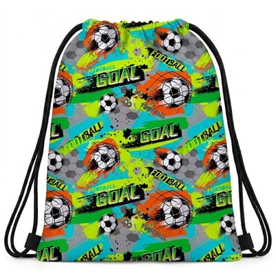 Blauwe groene oranje gymtas trekkoord rugzak voor dames en heren – sport gym tas met voetbal print en kleurrijk grafisch patroon – lichte sport tas voor fitness, school, training en sportactiviteiten