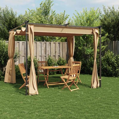 vidaXL - Prieel - met - gordijnen - 3x3 - m - staal - taupe