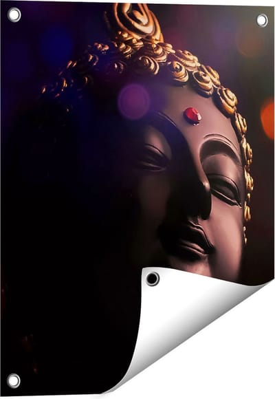 Gards Tuinposter Boeddha Beeld met Gouden Sierraden - 40x50 cm - Tuindoek - Tuindecoratie - Wanddecoratie buiten - Tuinschilderij