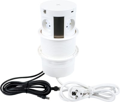 Design Light Multibox - Pop-up stekkerdoos met USB (A en C) en Netwerkkabel - Verdeelstekker met 4 Stopcontacten met Qi draadloze oplader - Stekkerblok met Quickcharge 3.0 - Wit