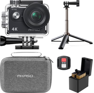 AKASO EK7000 Action Camera - met 60 cm Selfie Stick & Tas - Waterdicht 30m - Afstandsbediening - 4× Zoom - WiFi - Onderwatercamera met met – Zwart