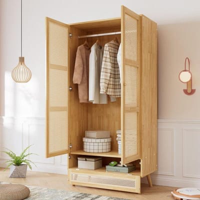 Armoire avec tringle à penderie, filet en rotin, salon, avec fond rabattable, aggloméré + rotin PE, couleur naturelle