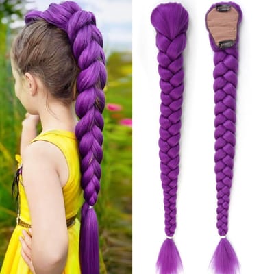 Synthetische Gevlochten Paarse Haar Paardenstaart Rumi Kostuum Kapsel 26 inch Lange Paardenstaart met Clips voor Kinderen Meisjes Halloween Kerst blue