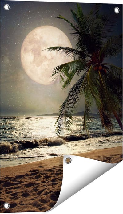Gards Tuinposter Tropisch Strand in de Nacht met Volle Maan - 40x60 cm - Tuindoek - Tuindecoratie - Wanddecoratie buiten - Tuinschilderij