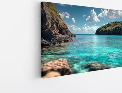 Saammp Canvas Schilderij - Zee - Rotsen - Natuur - Landschap - 45x30 - Foto op canvas - Wanddecoratie - Muurdecoratie Woonkamer - Slaapkamer decoratie - Canvas Print