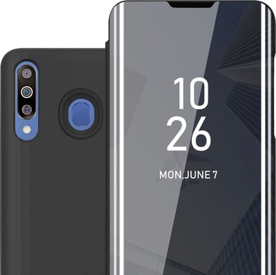 Cadorabo Hoesje geschikt voor Samsung Galaxy M30 / A40s in TOERMALIJN ZWART - Clear View Spiegel Beschermende Case met Tribunefunctie 360 Graden Bescherming Book Case Cover Etui