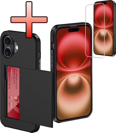 Hoes Geschikt voor iPhone 16 Hoesje Pasjeshouder Hard Cover Met Screenprotector Shock Proof Hard Case Hoes Met Kaarthouder - Zwart