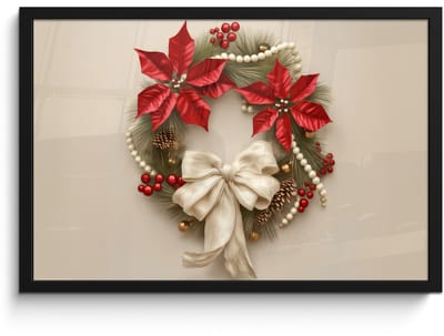 Poster in lijst - Fotolijst 60x40 cm - Posters - Deurkrans - Strik - Kerst - Rood - Groen - Posterlijst zwart - Decoratie - Wanddecoratie woonkamer - Muurdecoratie slaapkamer - Kerstversiering - Kerstdecoratie voor binnen - Kerstmis