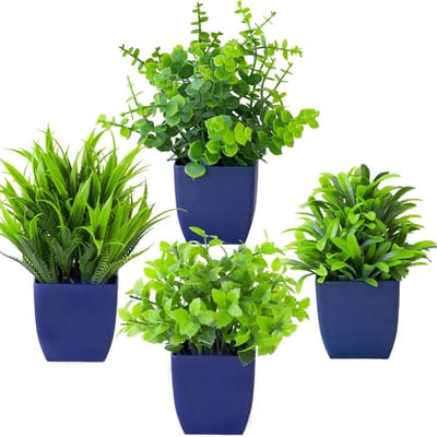 4-pack nepplanten in blauwe pot - Mini kunstplanten voor bureau en interieur