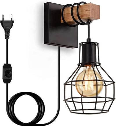 VELTRR® Wandlamp Binnen met Snoer - Wandlamp met Stekker voor Binnen - met Dimbare Schakelaar - Industrieel en Vintage - Slaapkamer Bedlampje