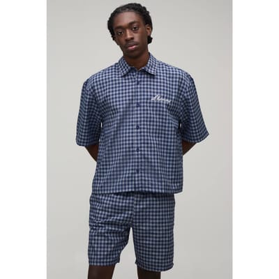 Embroidered Micro Check Boxy Oversized Shirt & Short Set | Navy | Size XS