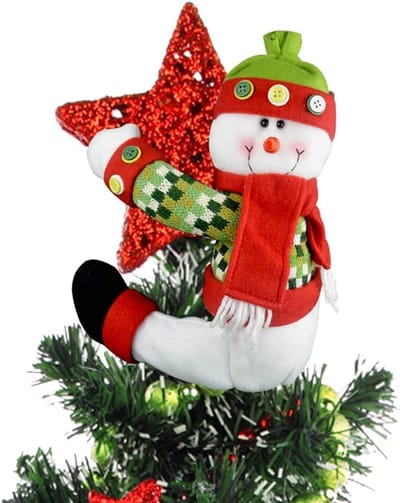 Kerstboompiek hoed, 33 cm grote sneeuwpop kerstboom cilinderhoed kerstboomversiering met rode sjaal en geruite jas voor kerstdecoratie en winterfeesten