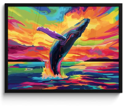 Poster in lijst - Fotolijst 80x60 cm - Posters - Zonsondergang - Walvis - Geschilderd - Kleurrijk - Posterlijst zwart - Decoratie - Wanddecoratie woonkamer - Muurdecoratie slaapkamer