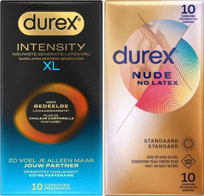 Durex - 20 stuks Condooms - Intensity XL Nieuwste generatie ultradun, gedeelde lichaamswarmte 10st - Nude Huid op Huid gevoel No Latex 10st - Voordeelverpakking