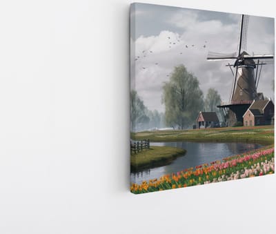 Saammp Canvas Schilderij - Tulpen met molen - Natuur - Landschap - 20x20 - Foto op canvas - Wanddecoratie - Muurdecoratie Woonkamer - Slaapkamer decoratie - Canvas Print