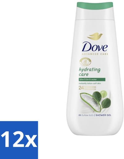12 x Dove Douchecrème - Hydrating Care - Aloe Vera - 225 ml - Douchegel - Hydraterende Douchegel - Droge Huid - Aloë Vera - Berkenwater