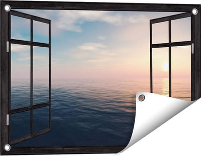 Gards Tuinposter Doorkijk Zee Water tijdens Zonsondergang - 60x40 cm - Tuindoek - Tuindecoratie - Wanddecoratie buiten - Tuinschilderij