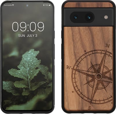 kwmobile telefoonhoesje geschikt voorGoogle Pixel 8 - Hoesje met bumper - hout - In donkerbruin Vintage Kompas design
