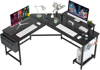 Solidchoice - Dailygoods Hoekbureau, L-vormig bureau, met stopcontacten en USB-oplaadpoorten, multifunctioneel computerbureau, met opb