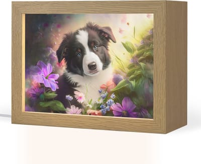 Nachtlampje 20x15 cm - Kinder lampje - Puppy - Zon - Bloemen - Natuur - Bordercollie - Hond - Tafellamp kinderkamer - Slaapkamer lamp - Bedlamp kinderen - Kinderlampje stopcontact - Wandlamp babykamer - Nachtlampjes