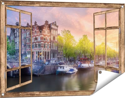 Gards Tuinposter Doorkijk Amsterdamse Grachten - 90x60 cm - Tuindoek - Tuindecoratie - Wanddecoratie buiten - Tuinschilderij