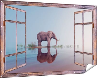 Gards Tuinposter Doorkijk Olifant bij het Water - 180x120 cm - Tuindoek - Tuindecoratie - Wanddecoratie buiten - Tuinschilderij