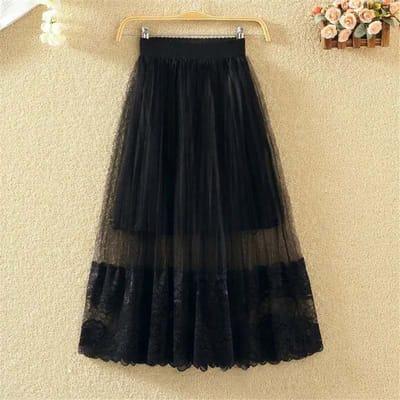 Jupe en maille de dentelle pour femmes, mi-longue, taille haute, fine, en gaze, ligne a, longue, moelleuse, plissée, mode, nouvelle broderie en dentelle M noir