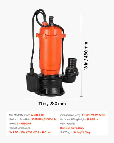 Dompelpomp voor vuil water - Vuilwaterpomp 1500W - Debiet 22800 l/u - Opvoerhoogte 18 m - Automatische Vlotterschakelaar - Gietijzer - Voor Zwembad, Vijver, Overstroomde Ruimtes