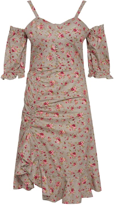 Ulla Popken - Dames - mini jurk rozen korte mouwen schoudervrij volantzoom - Beige - Maat 46