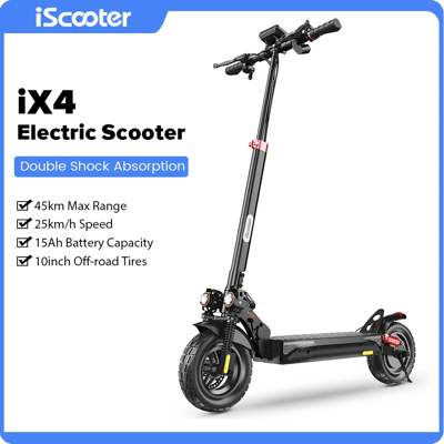 IScooter IX4 Elektrische Scooter 48V 15Ah Batterij 40-45km Bereik 25km/u Snelheid Dubbele Schijfrem Opvouwbare Off-Road EScooter IScooter Club App met 2 Sleutels