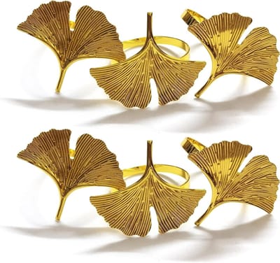 Set van 6 Servetringen in Gouden Ginkgo Biloba Blad Design - Herfst Servetringen voor Feestdagen en Thanksgiving Tafeldecoratie