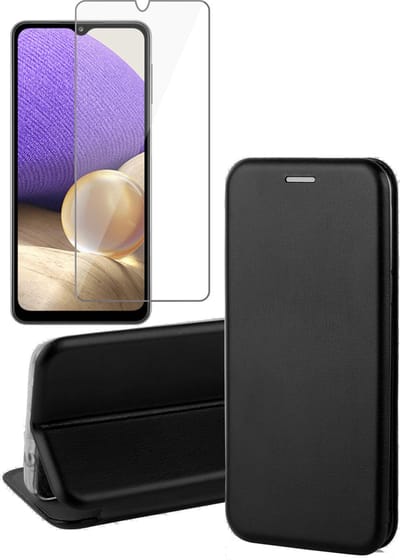Hoesje geschikt voor Samsung Galaxy A32 5G - Screen Protector GlassGuard - Book Case Kunstleer ThinShield Zwart & Screenprotector