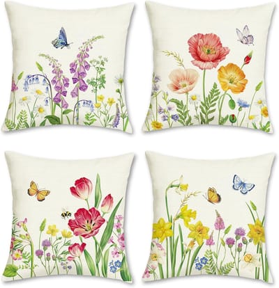 Famanu - Set van 4 kussenslopen, bloemen, tuin, 45 x 45 cm, bloemen, vlinders, decoratieve kussenhoezen, sierkussenovertrekken voor bank, slaapkamer, woonkamer, woondecoratie