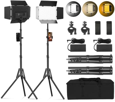 Azomor® Dimbare LED videolicht set met statief en telefoonhouder voor professionele opnames