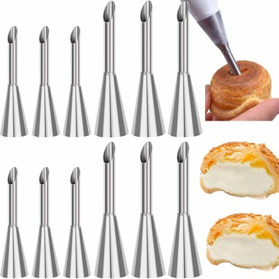 12 stuks Roestvrijstalen spuitmondje voor boter -304 Lang, multifunctioneel, soepel vormen - Taartdecoratie- en spuitmondje - Spuitmondje voor soezenbeslag - 2,5*9,1 cm - Voor thuisbakken, gebakdecoratie en vormgeving - Zilver